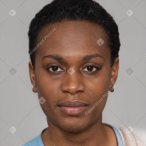 Neutral black young-adult female with short  black hair and brown eyes