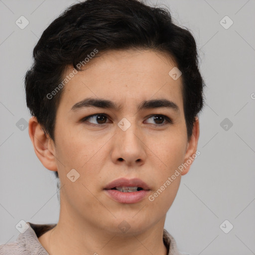 Neutral asian young-adult male with short  brown hair and brown eyes