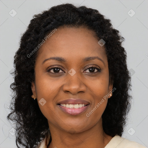 Joyful black young-adult female with long  brown hair and brown eyes