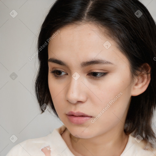 Neutral white young-adult female with medium  brown hair and brown eyes