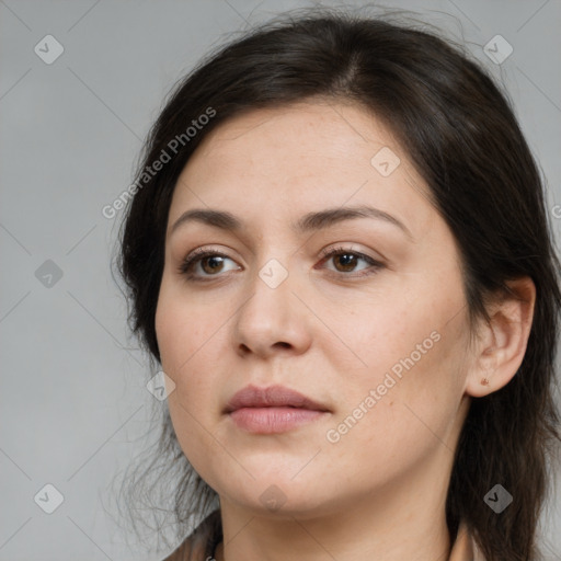 Neutral white young-adult female with medium  brown hair and brown eyes