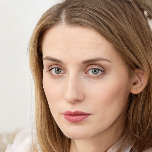 Neutral white young-adult female with long  brown hair and grey eyes