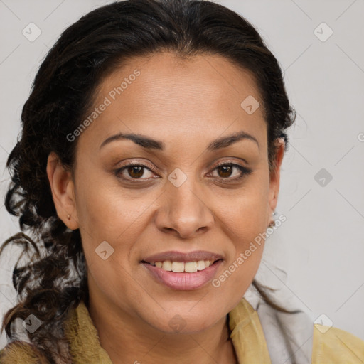 Joyful latino young-adult female with medium  brown hair and brown eyes