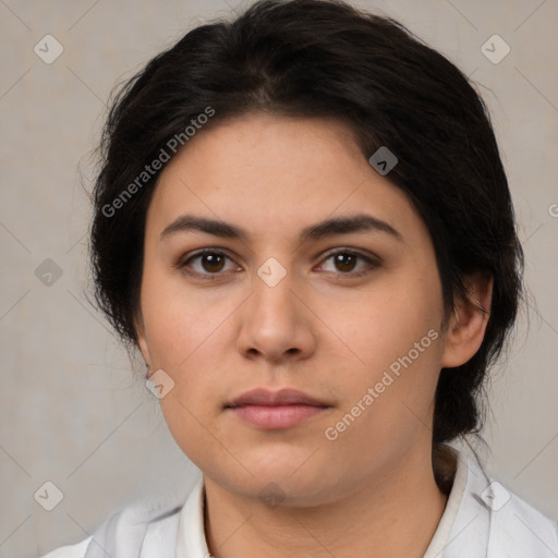 Neutral white young-adult female with medium  brown hair and brown eyes