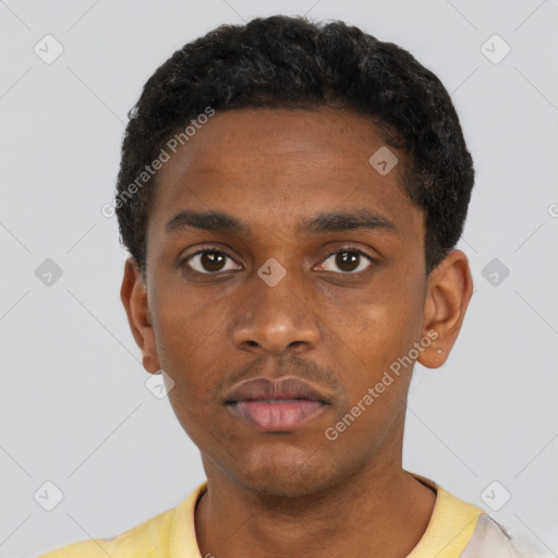 Neutral black young-adult male with short  black hair and brown eyes