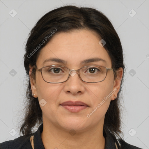 Joyful white adult female with medium  brown hair and grey eyes