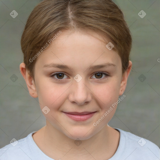 Joyful white child female with short  brown hair and brown eyes