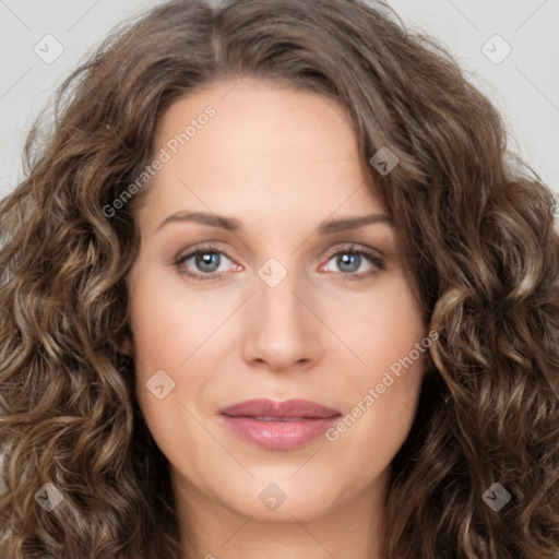 Joyful white young-adult female with long  brown hair and green eyes