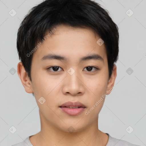 Neutral asian young-adult male with short  black hair and brown eyes