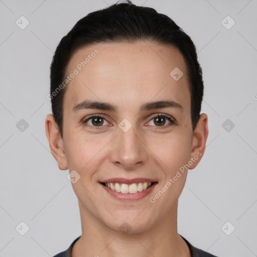 Joyful white young-adult female with short  brown hair and brown eyes