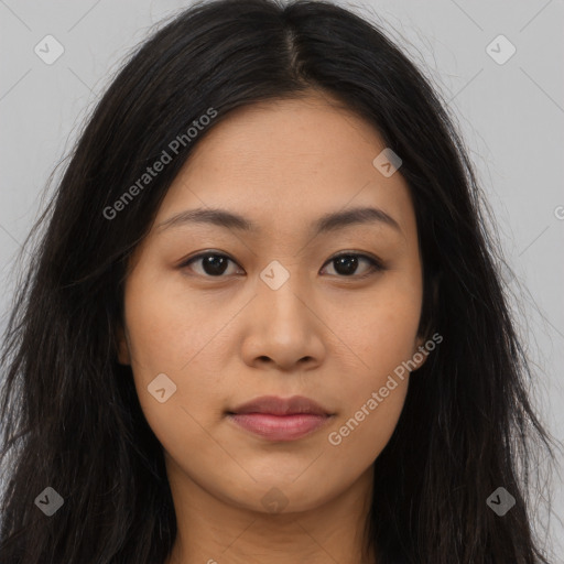 Neutral asian young-adult female with long  brown hair and brown eyes