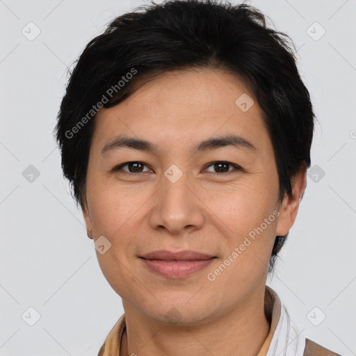 Joyful latino young-adult male with short  brown hair and brown eyes