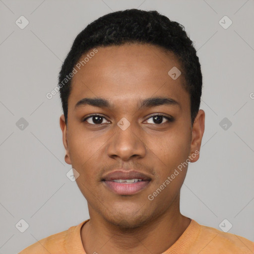 Neutral black young-adult male with short  black hair and brown eyes