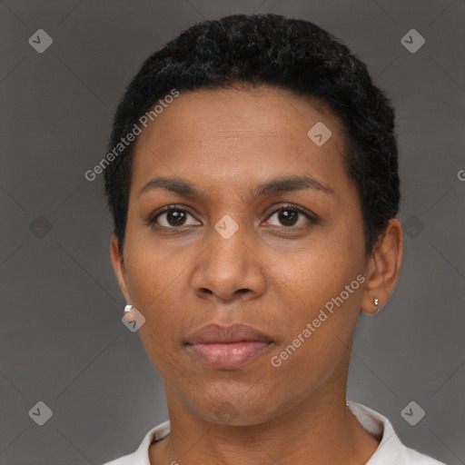 Neutral black young-adult female with short  black hair and brown eyes