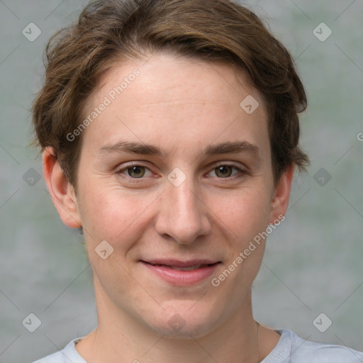 Joyful white young-adult female with short  brown hair and grey eyes