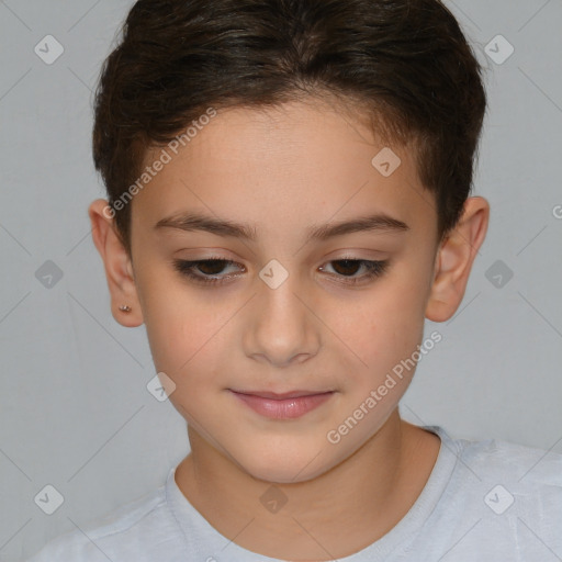 Joyful white child female with short  brown hair and brown eyes