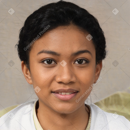 Joyful latino young-adult female with short  black hair and brown eyes