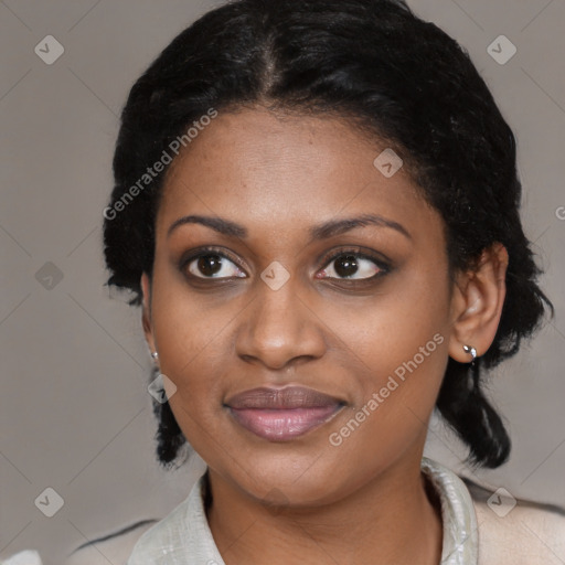 Joyful black young-adult female with medium  black hair and brown eyes