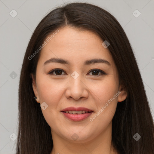 Joyful white young-adult female with long  brown hair and brown eyes