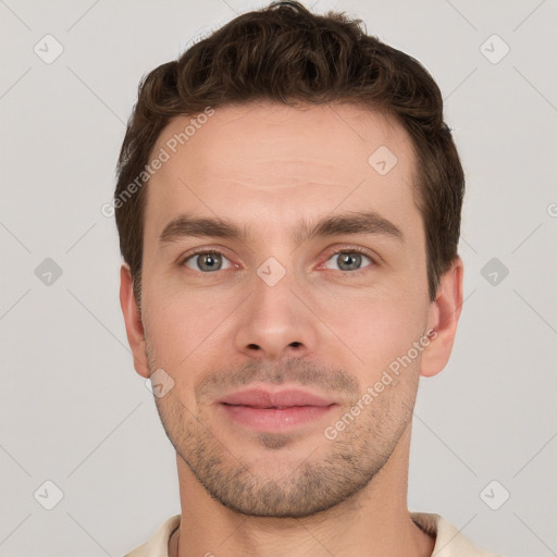 Neutral white young-adult male with short  brown hair and grey eyes