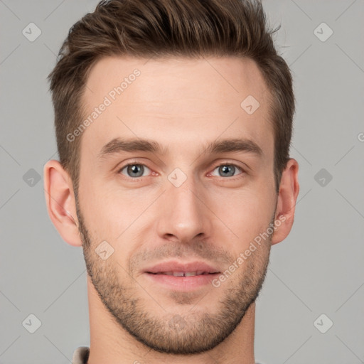 Neutral white young-adult male with short  brown hair and grey eyes