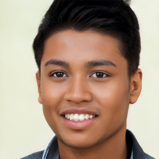 Joyful latino young-adult male with short  brown hair and brown eyes