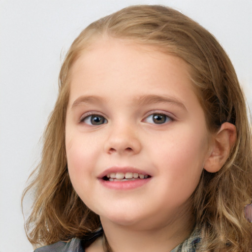 Joyful white child female with medium  brown hair and blue eyes