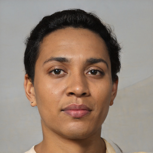 Neutral latino young-adult female with short  black hair and brown eyes