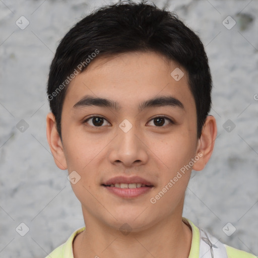 Joyful asian young-adult male with short  brown hair and brown eyes