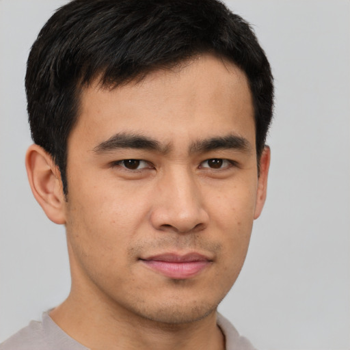 Neutral asian young-adult male with short  brown hair and brown eyes