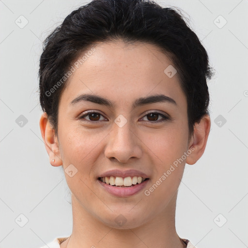 Joyful white young-adult female with short  brown hair and brown eyes