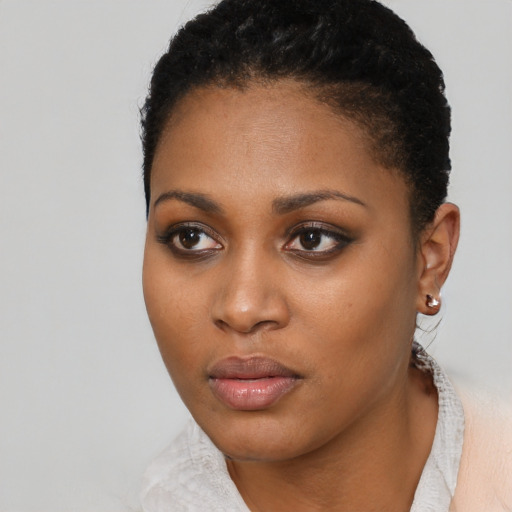 Neutral black young-adult female with short  black hair and brown eyes