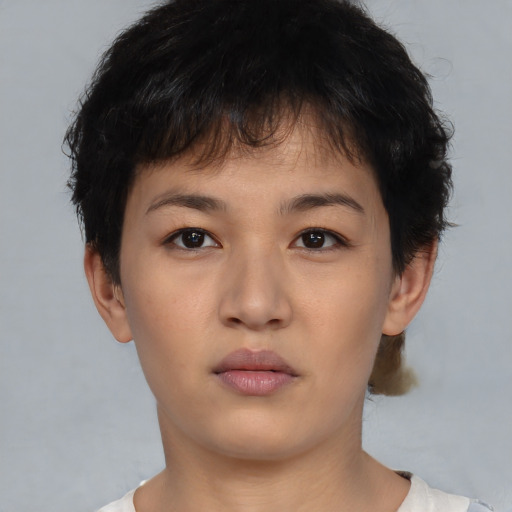 Neutral asian young-adult female with short  brown hair and brown eyes