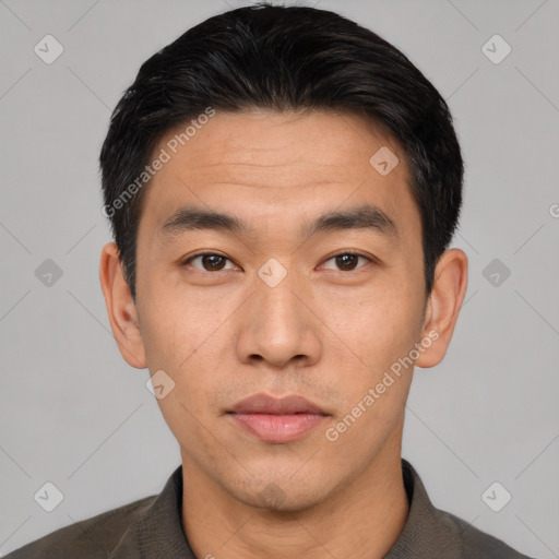 Neutral asian adult male with short  black hair and brown eyes