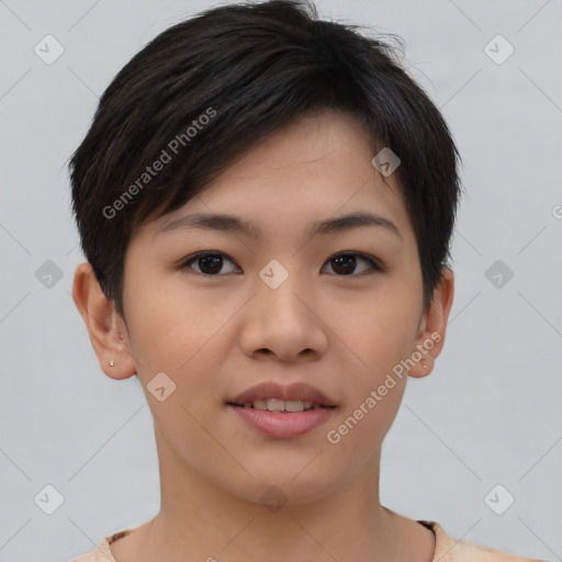 Joyful asian young-adult female with short  brown hair and brown eyes