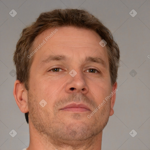 Neutral white adult male with short  brown hair and brown eyes