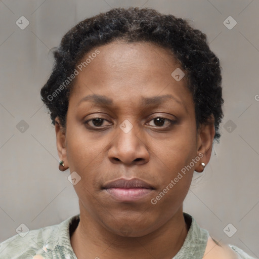 Neutral black young-adult female with short  brown hair and brown eyes