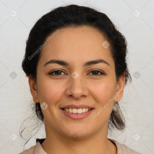 Joyful latino young-adult female with medium  brown hair and brown eyes