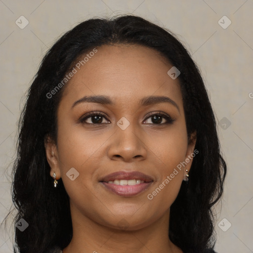 Joyful latino young-adult female with long  brown hair and brown eyes