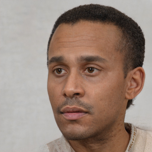 Neutral black adult male with short  black hair and brown eyes