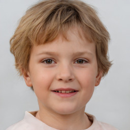 Joyful white child female with short  brown hair and brown eyes