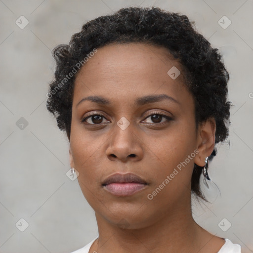 Neutral black young-adult female with short  black hair and brown eyes