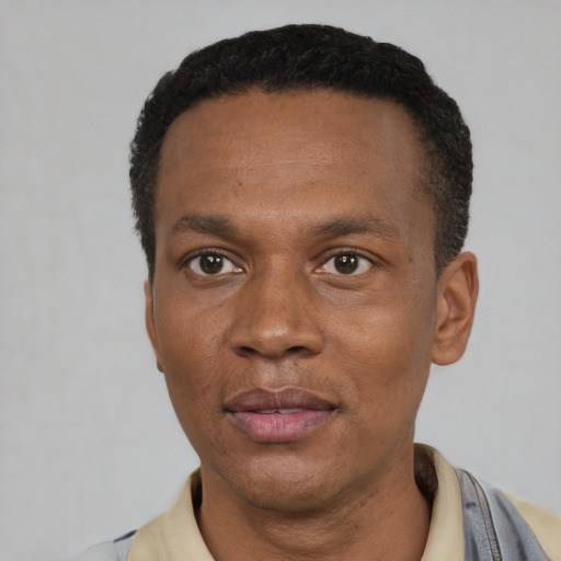 Neutral black young-adult male with short  black hair and brown eyes