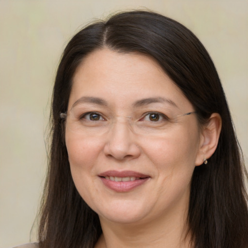 Joyful white adult female with long  brown hair and brown eyes