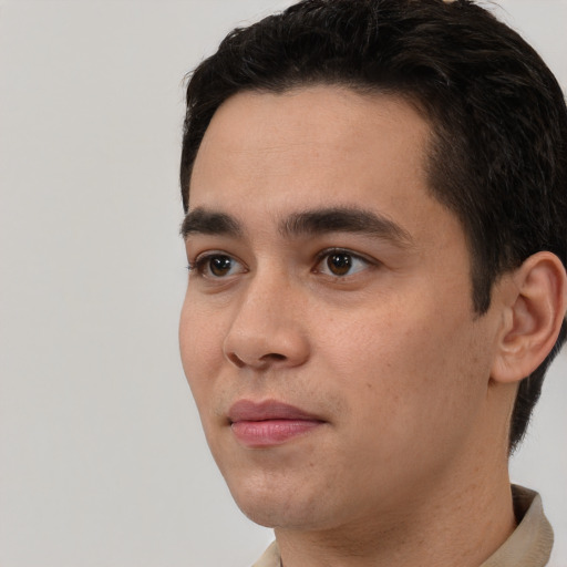 Neutral white young-adult male with short  black hair and brown eyes