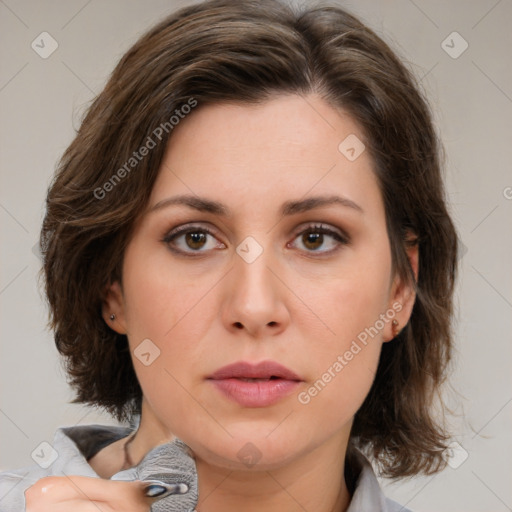 Neutral white young-adult female with medium  brown hair and brown eyes