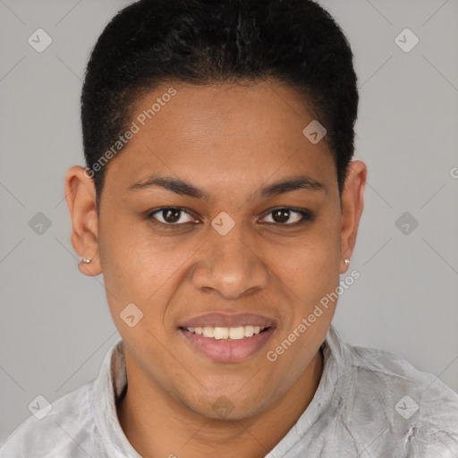 Joyful latino young-adult female with short  brown hair and brown eyes