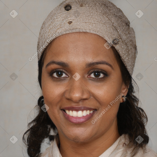 Joyful black young-adult female with medium  brown hair and brown eyes