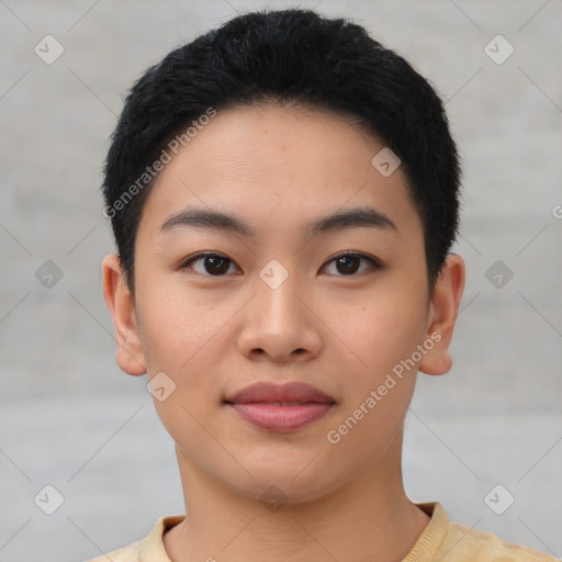 Joyful asian young-adult female with short  black hair and brown eyes