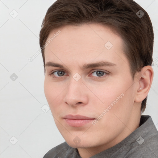 Neutral white young-adult male with short  brown hair and grey eyes